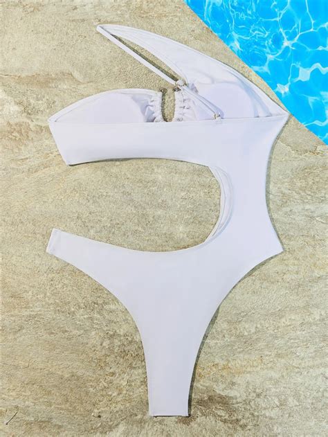 New Style Solid Color One Shoulder One Piece Sexy Bikini Cutout Swimsuit With Metal