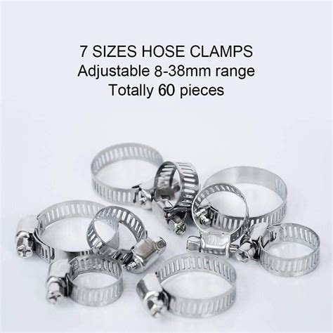 60pcs Adjustable Hose Clamps Worm Gear Stainless Steel Clamp Assortment