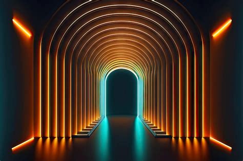 D render túnel arqueado de neón en forma de líneas y paredes iluminadas ...