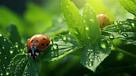 Premium Ai Image Drops Of Morning Dew And Ladybug On Young