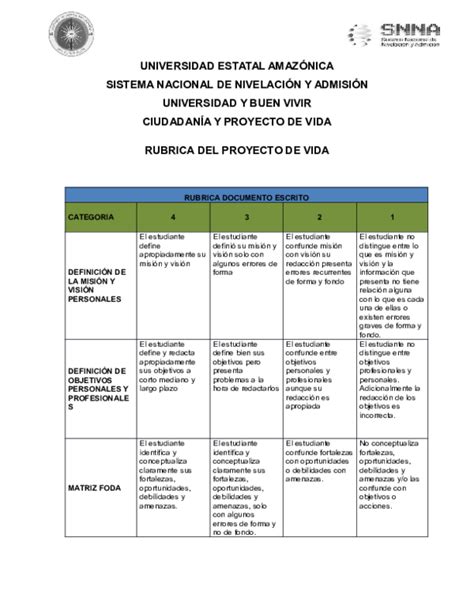 Rubrica Para Evaluar Proyecto De Vida Images