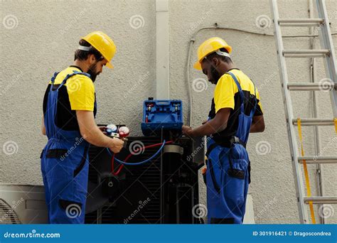 Workers Fixing Frozen Evaporator Coil, Stock Image - Image of reduced ...