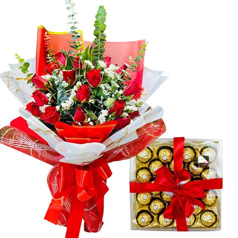 12 Red Roses Bouquet With Ferrero Rocher Chocolate Send To Manila