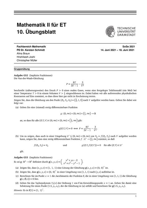 Uebung 10 Mathematik II für ET 10 Übungsblatt Fachbereich Mathematik