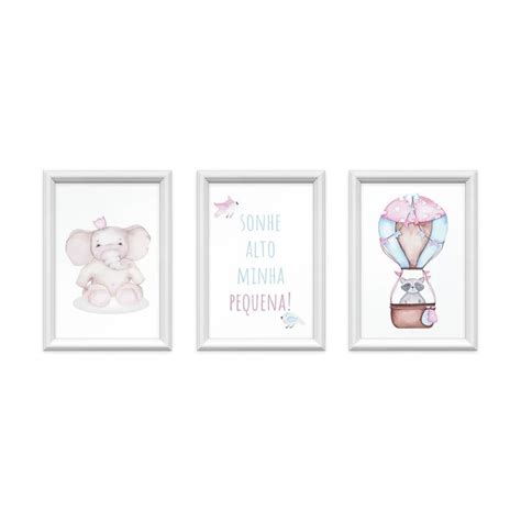 Kit 3 Quadros Decorativos Elefante Balão Rosa 24x34cm Elo7