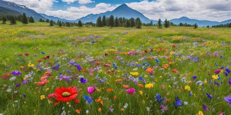 Premium Photo | A field of flowers with a mountain in the background