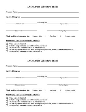 Fillable Online Lwsra Lwsra Substitute Sheet Lwsra Fax Email Print