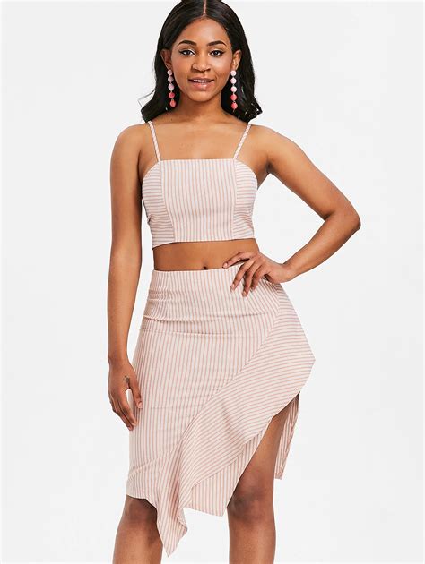 Kenancy Striped Slit Skirt Two Piece Set Sexy V Neck Back Bow Tie Crop