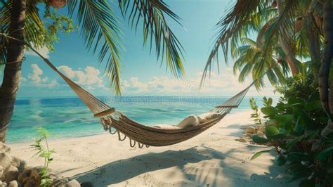 Tropical Beach Hammock Under Palm Trees Stock Photo Image Of Sunny