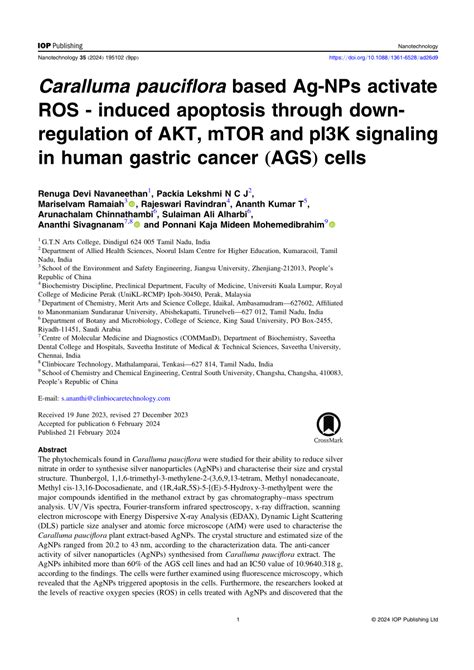 Caralluma Pauciflora Based Ag Nps Activate Ros Induced Apoptosis