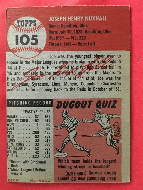 1953 Topps Baseball Card Joe Nuxhall 105 2 Ebay