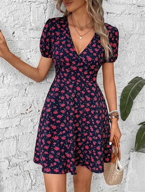 Shein Vcay Allover Floral Print Puff Sleeve Dress Shein Uk