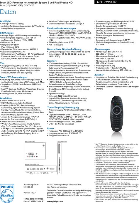 Philips 32PFL7496K 02 Leaflet 32PFL7496K 02 Released Switzerland