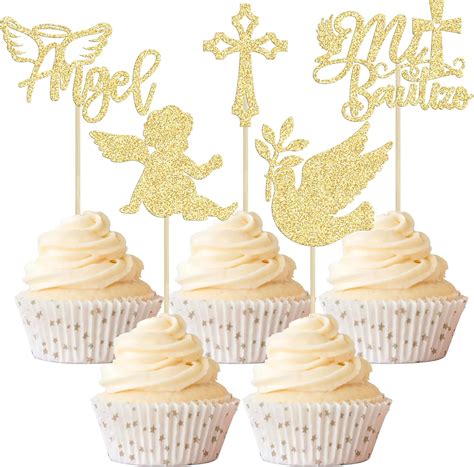 Amazon Gyufise 30Pcs Mi Bautizo Cupcake Toppers Gold Glitter Cross