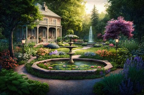 Premium Photo A Tranquil Garden Retreat With Winding Paths Fountains