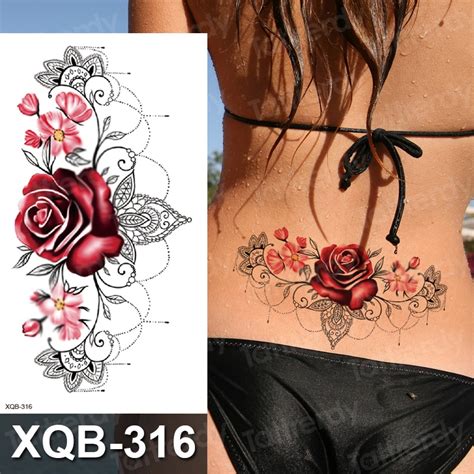 Waterproof Temporary Tattoo Sticker Rose Flower Red Jewelry Flash Tatoo Fake Water Transfer Sexy