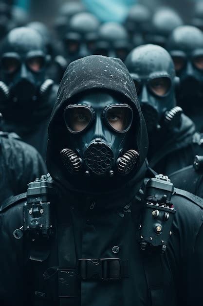 Premium AI Image | a group of people wearing black gas masks