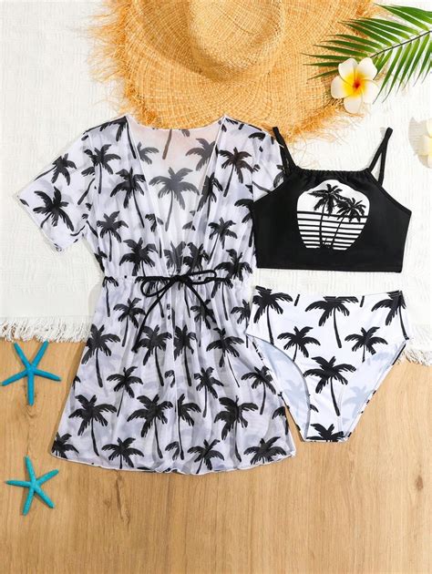 Tween Girls Random Palm Tree Print Bikini Set With Three Pieces SHEIN USA