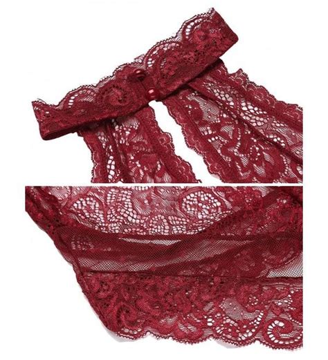 Women Lace Patchwork Sexy One Piece Teddy Babydoll Bodysuit Lingerie Wine Red CV180GTNQTA