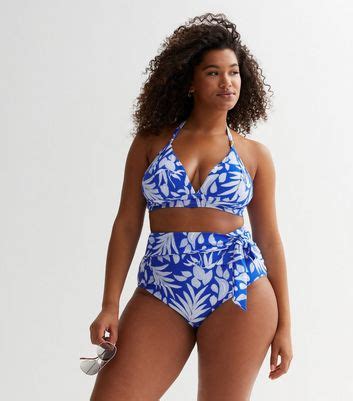 Curves Blue Tropical Spot High Waist Bikini Bottoms New Look