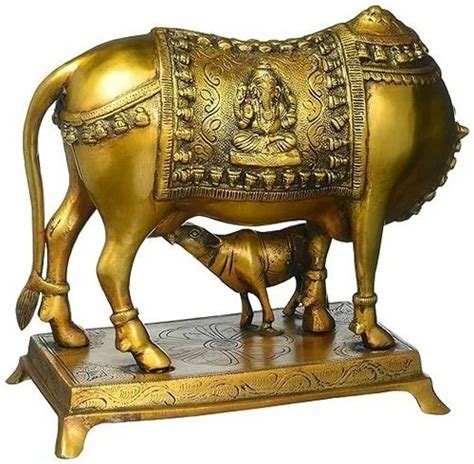 Shc Export Kamdhenu Cow With Calf Idol Showpiece In Brass For Home