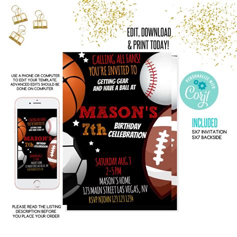 Sports Birthday Invitation Sports Birthday Invite Football Etsy