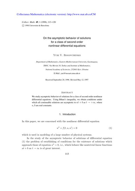 Pdf On The Asymptotic Behavior Of Solutions For A Class Of Second