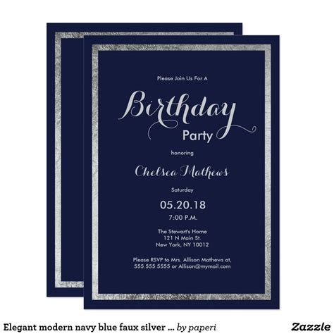 Elegant Modern Navy Blue Faux Silver Birthday Invitation Modern Birthday Party Blue Birthday