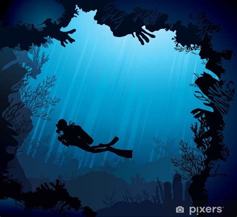 Poster Coral Reef With Silhouette Of Diver PIXERS UK