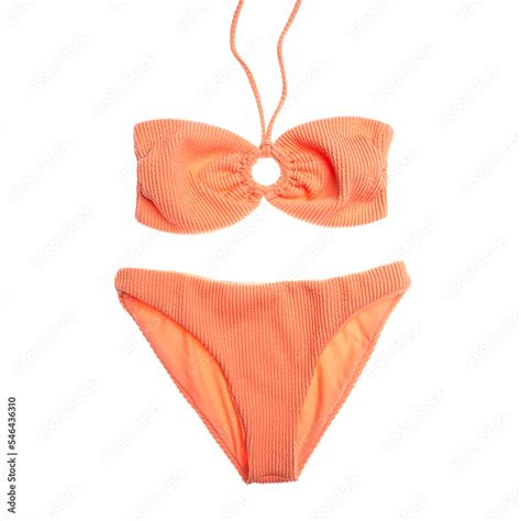 Pastel Orange Swimsuit Front On White Background Swimming Costume Bikini Colorful Stock Photo