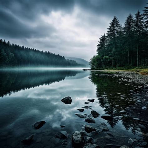 Premium Ai Image Tranquil Reflections Overcast Serenity At Misty Lake