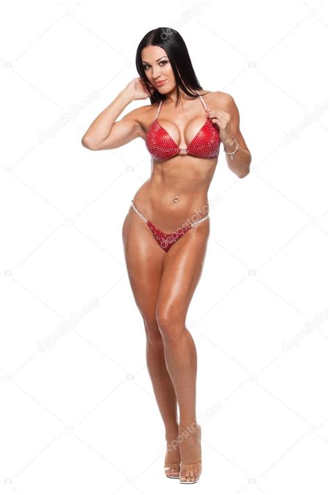 Full Length Photo Of Sporty Woman In Bikini Isolated Against White