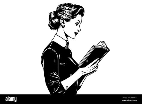 Businness Woman Read Book Ink Drawing Sketch Pop Art Style Black And White Vector Illustration