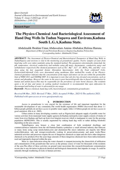 PDF The Physico Chemical And Bacteriological Assessment Of Hand Dug