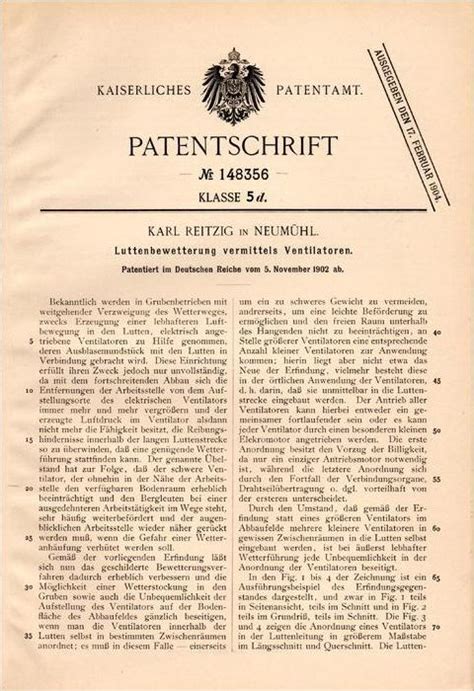 Original Patentschrift Karl Reitzig in Neumühl 1902 Belüftung von