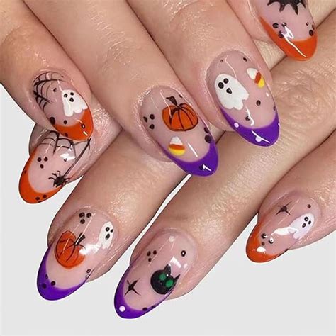 Amazon Pcs Halloween Press On Nails Short Almond MINGCHUN Nude Glossy Fake Orange