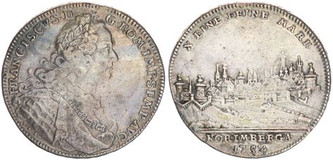 1 Taler 1754 Nürnberg Reichstaler Stadtansicht ss oben Henkelspur MA