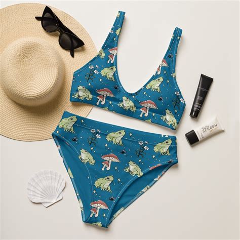 High Waisted Bikini Frog And Mushroom Print Cottagecore Aesthetic Recycled Material Bathing