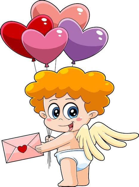 Lindo personaje de dibujos animados de bebé cupido con globos de