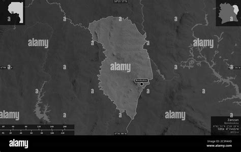 Zanzan district of Côte d Ivoire Grayscaled map with lakes and rivers