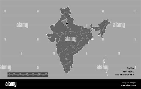 Desaturated Shape Of India With Its Capital Main Regional Division And