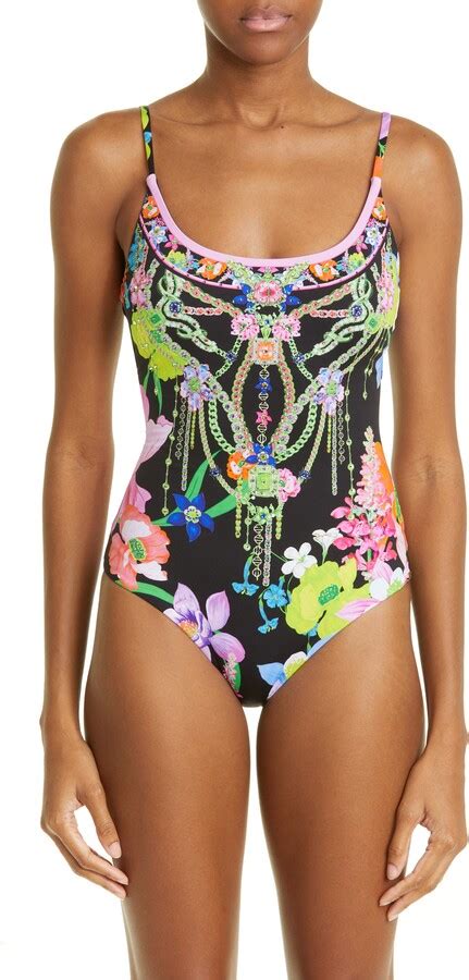 Camilla Crystal Embellished Floral Scoop Neck One Piece Swimsuit