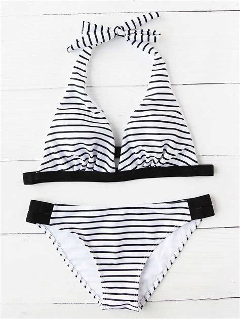 Striped Print Halter Sexy Bikini Set Shein Sheinside