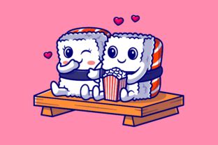 Cute Couple Sushi Eating Popcorn Cartoon Graphic By Catalyststuff