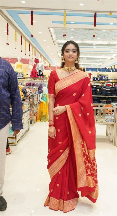 Keerthy Suresh Looks Ethereal In A Red Saree For The Opening Of A