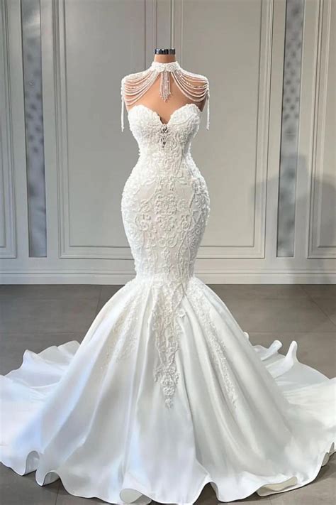 Long Mermaid Sweetheart Satin Pearl Wedding Dress With Lace