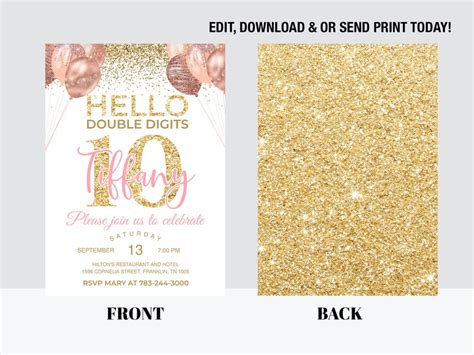 Pink Gold Glitter 10th Birthday Invitation Editable Birthday Etsy