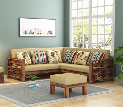 Vigo L Shaped Wooden Sofa Irish Cream Teak Finish Online In India Street