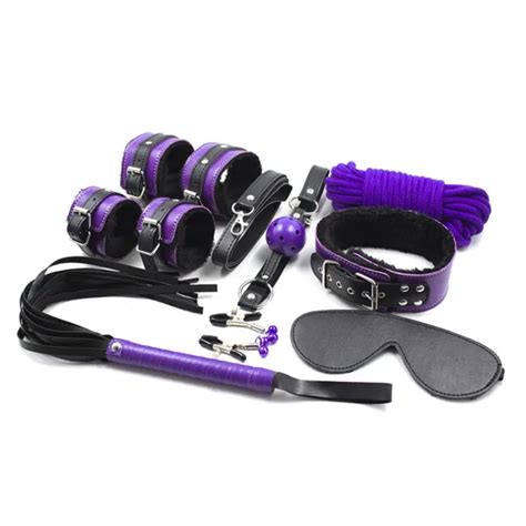 8PCS Lot Purple Mix Color Pu Leather Bondage Restraints Adult Game Sex Set Nipple Clamps Rope