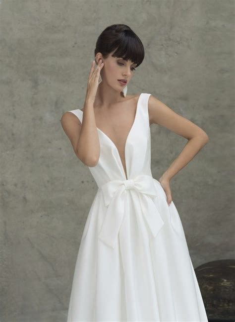 Satin Simple Modern Wedding Dress Bow Shoulder Strap Minimalist V